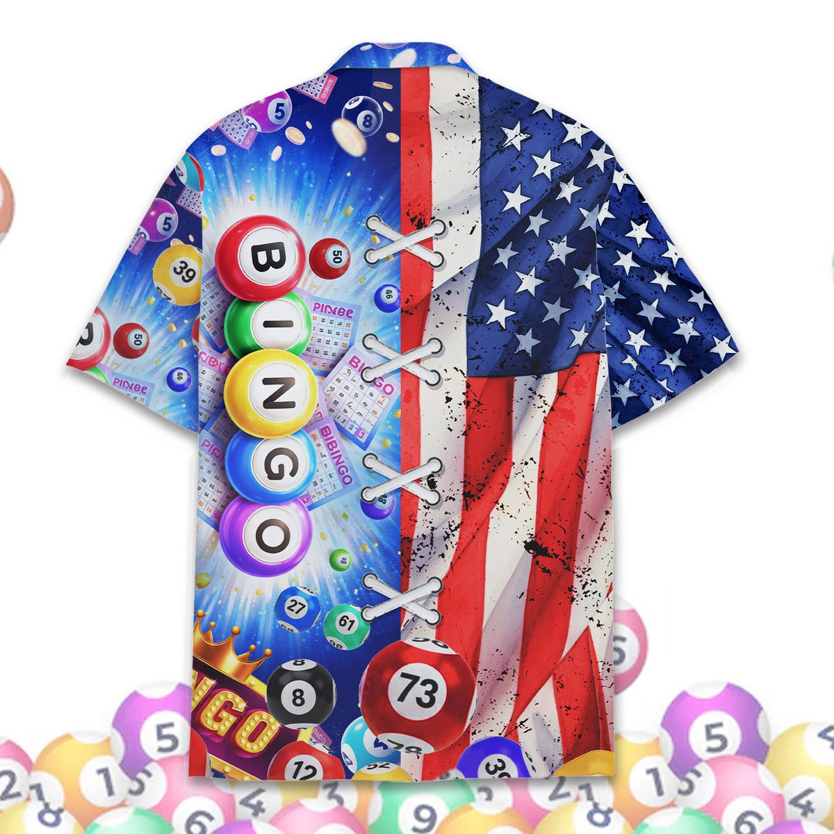Back view showcasing the bingo and flag design on the Hawaiian shirt