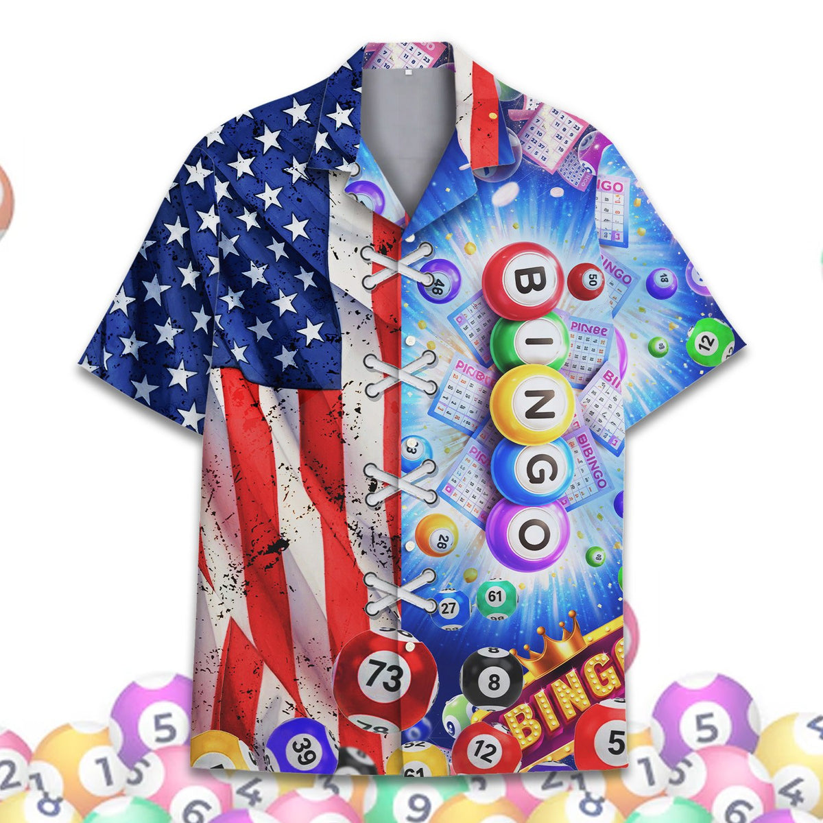 Main view of the bingo, patriotic hawaiian shirt with split design