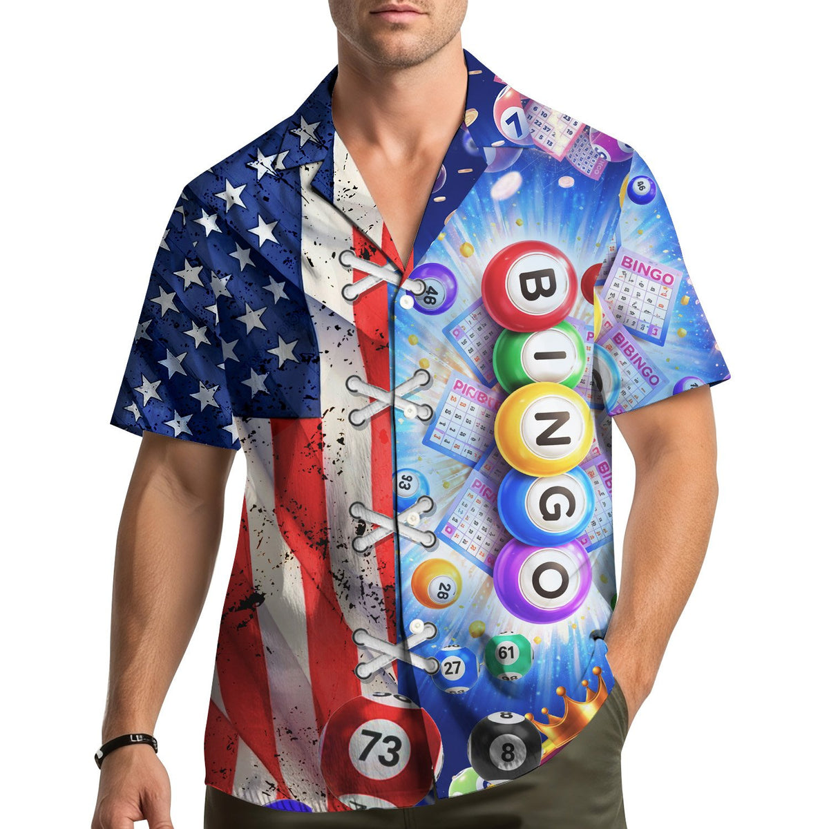 Lifestyle view of a family wearing matching bingo patriotic Hawaiian shirts