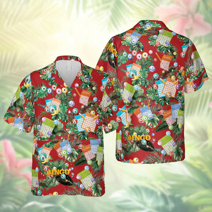 Red bingo hawaiian shirt with tropical leaf and bingo card pattern, front view