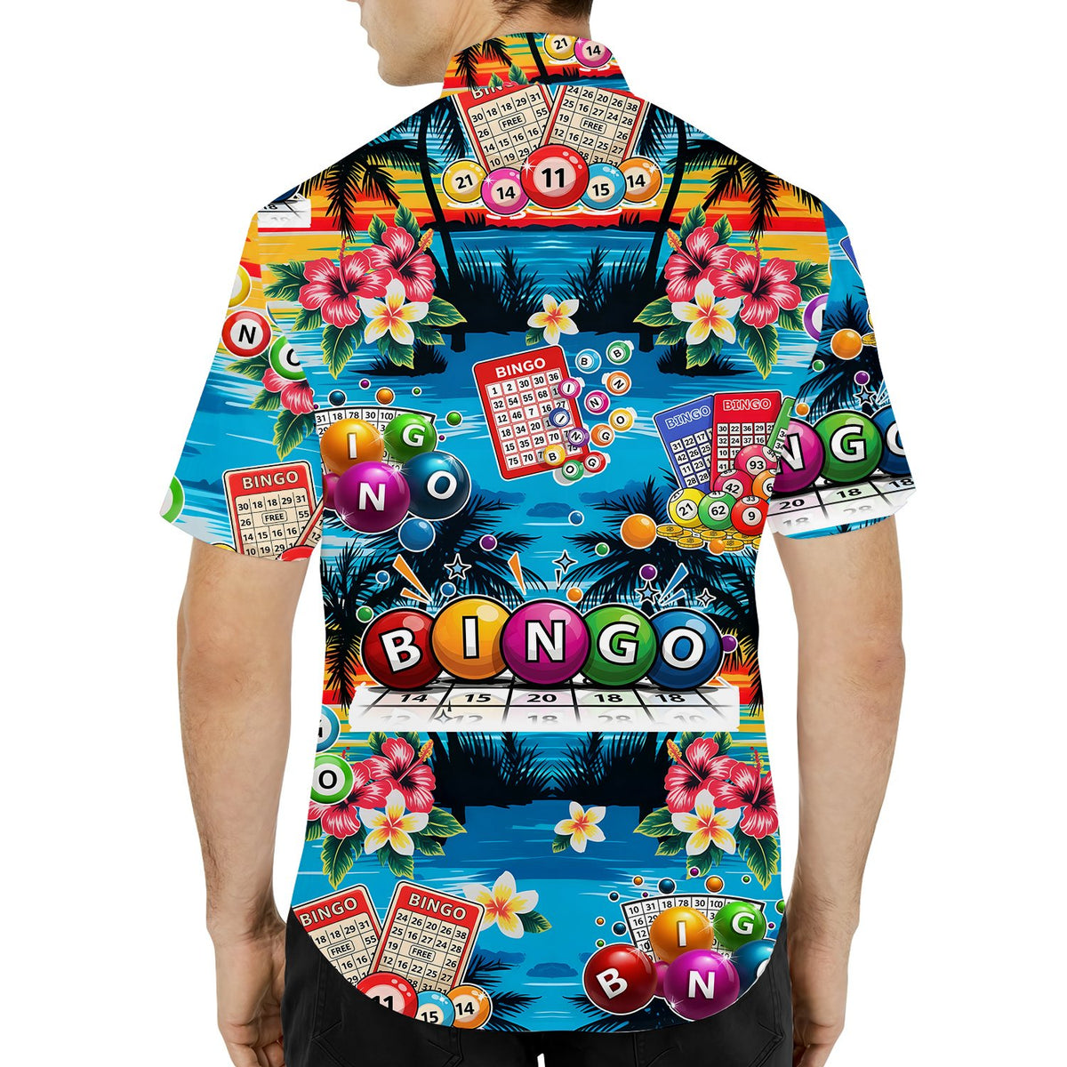 Alternate back view of the blue bingo hawaiian shirt