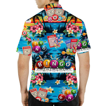 Alternate back view of the blue bingo hawaiian shirt