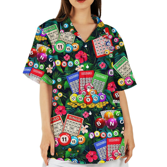 Bingo tropical hawaiian shirt with green palm leaves and colorful bingo cards, front view