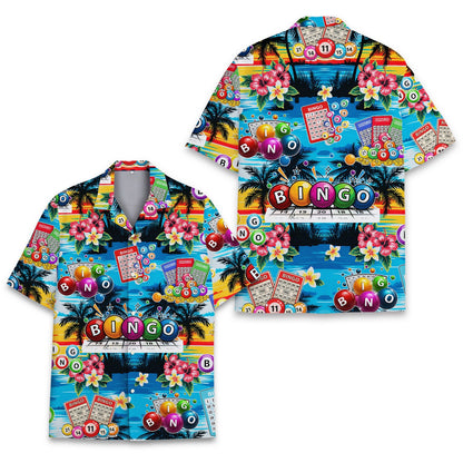 Front view of the tropical hawaiian shirt with bingo cards and hibiscus print