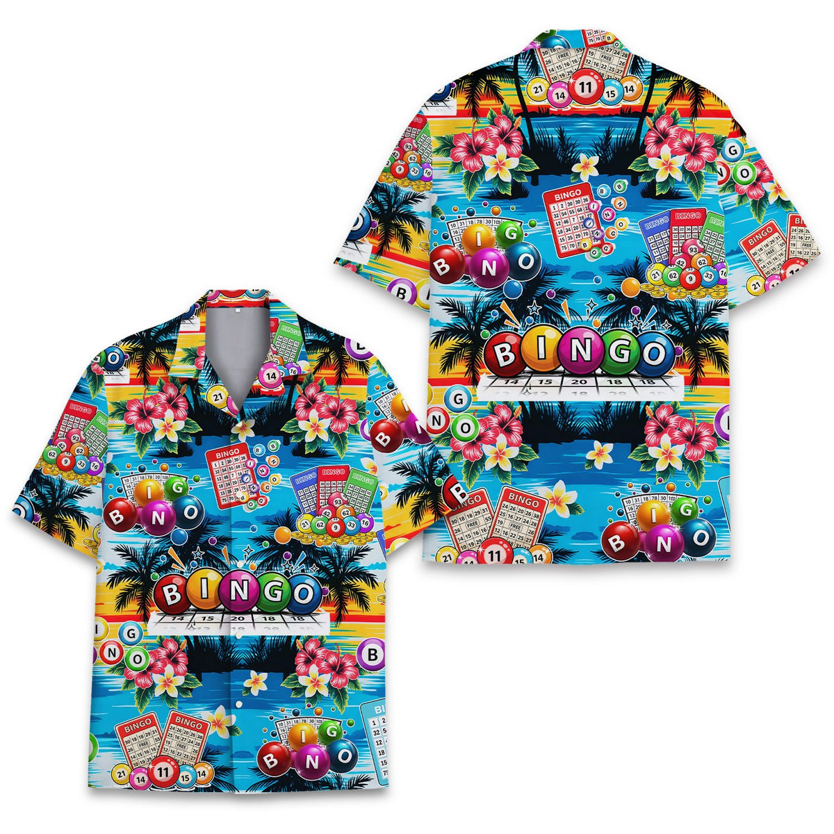 Main view of the blue bingo hawaiian shirt featuring tropical and bingo elements