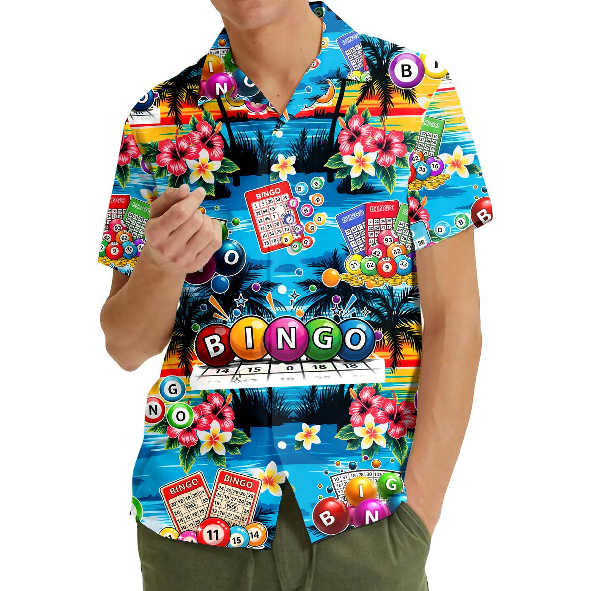 Second lifestyle view showcasing the bingo tropical hawaiian shirt outdoors
