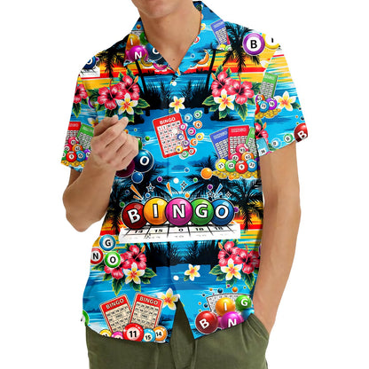 Second lifestyle view showcasing the bingo tropical hawaiian shirt outdoors