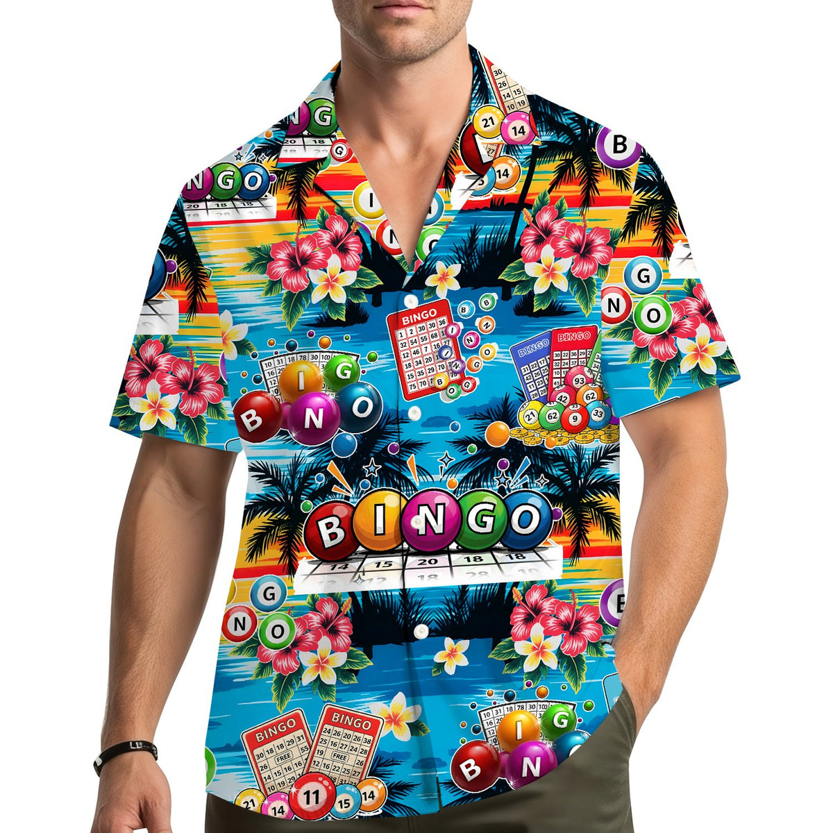 Lifestyle view of an adult wearing the summer hawaiian shirt