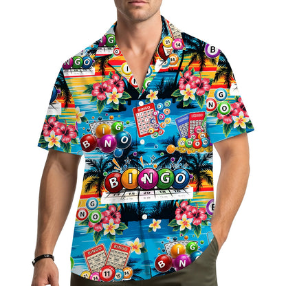Lifestyle view of an adult wearing the summer hawaiian shirt