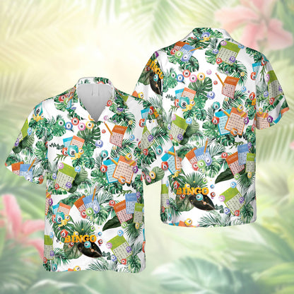 Matching family hawaiian shirts in white with bingo theme, front view