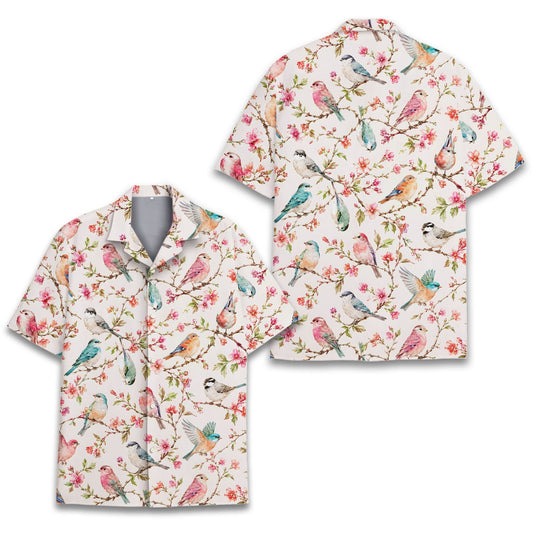 Matching family birds and florals hawaiian shirt, front view