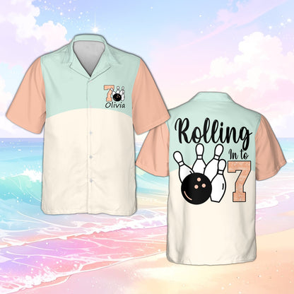 Front view of the pastel birthday bowling hawaiian shirt for kids