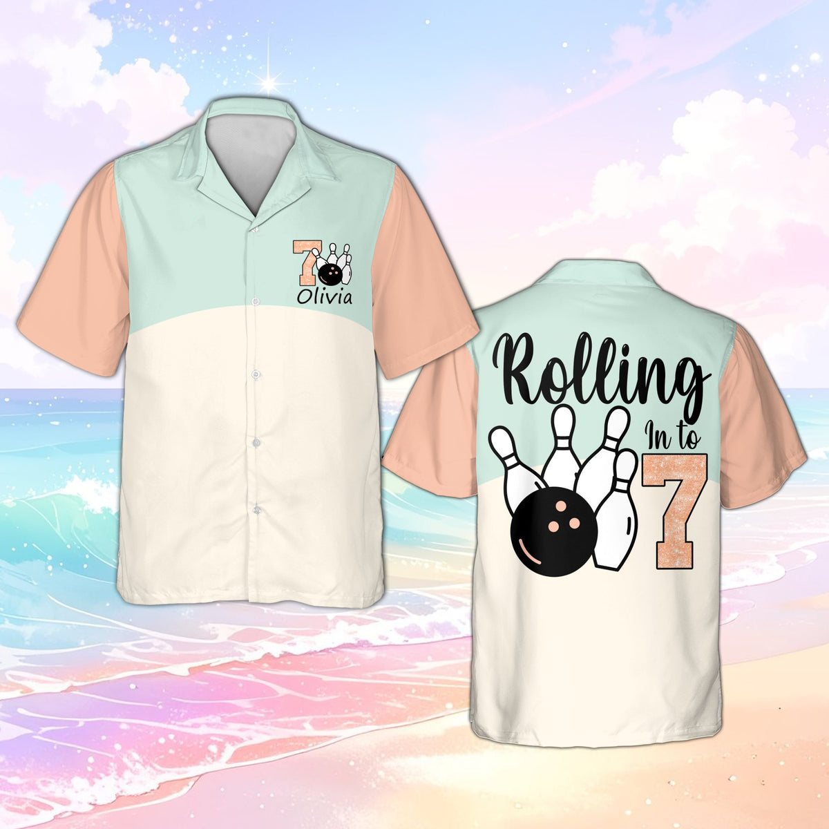 Kids birthday bowling hawaiian shirt with pastel colors and custom name, main view