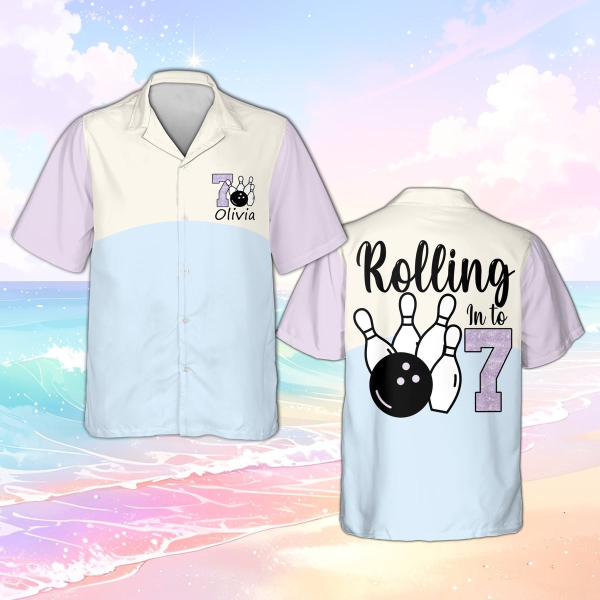 Detailed front view of the kids personalized bowling hawaiian shirt