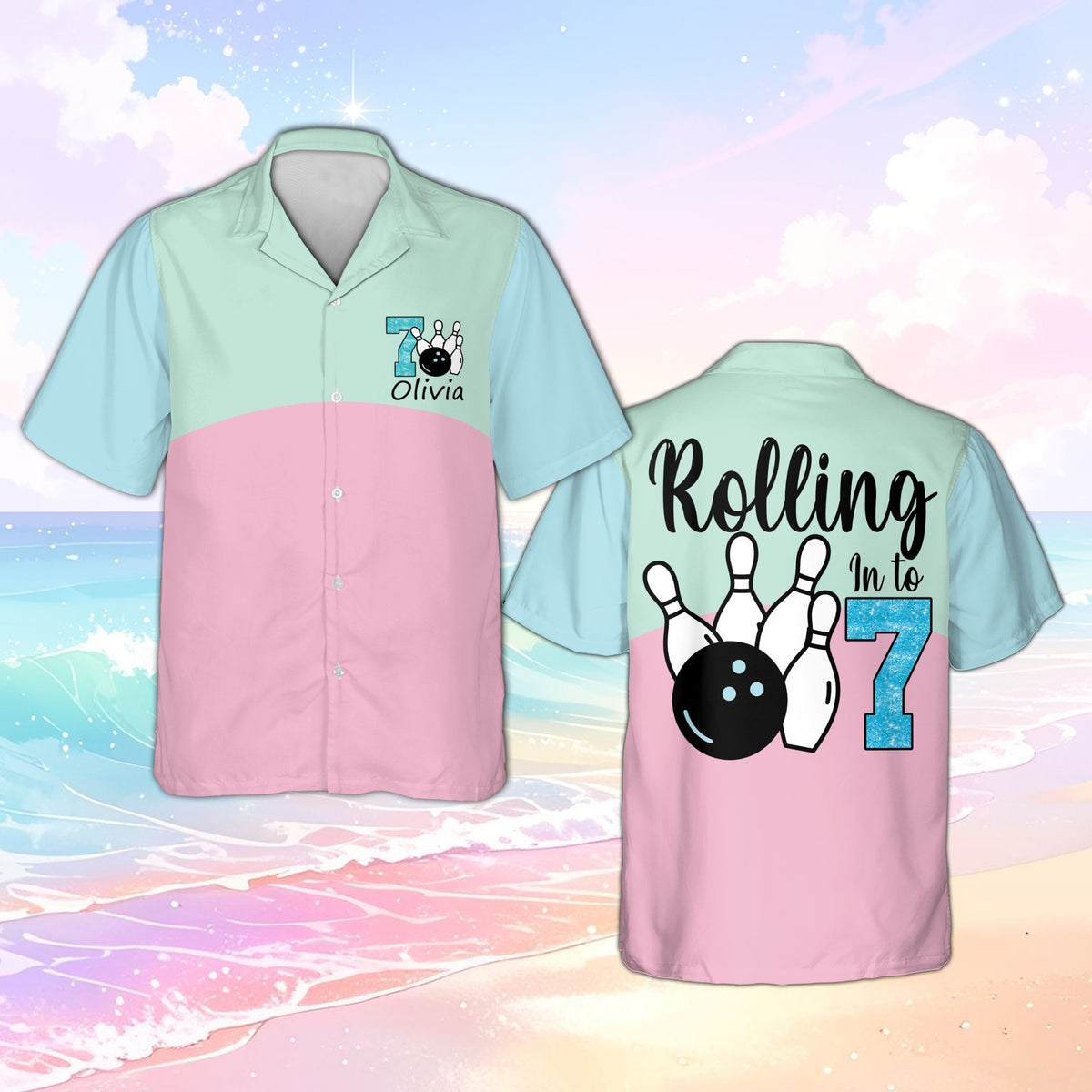 Front angle of the kids color-blocked birthday bowling button-up