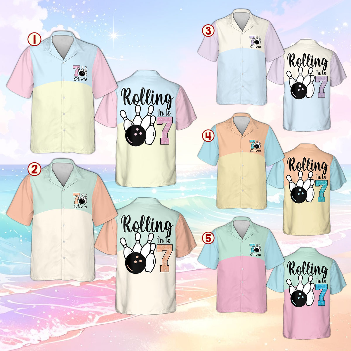 Alternate view showing the back graphic of the birthday bowling hawaiian shirt