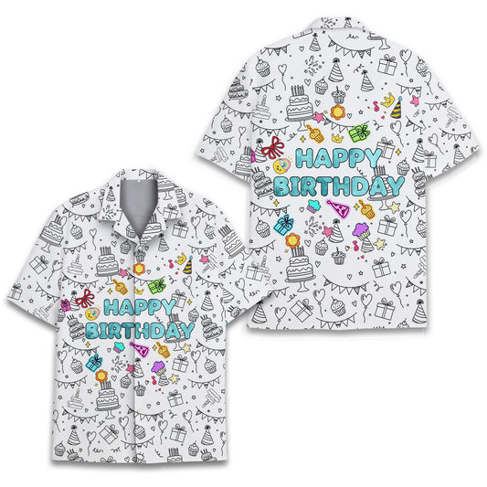 White birthday hawaiian shirt with party doodles, main view