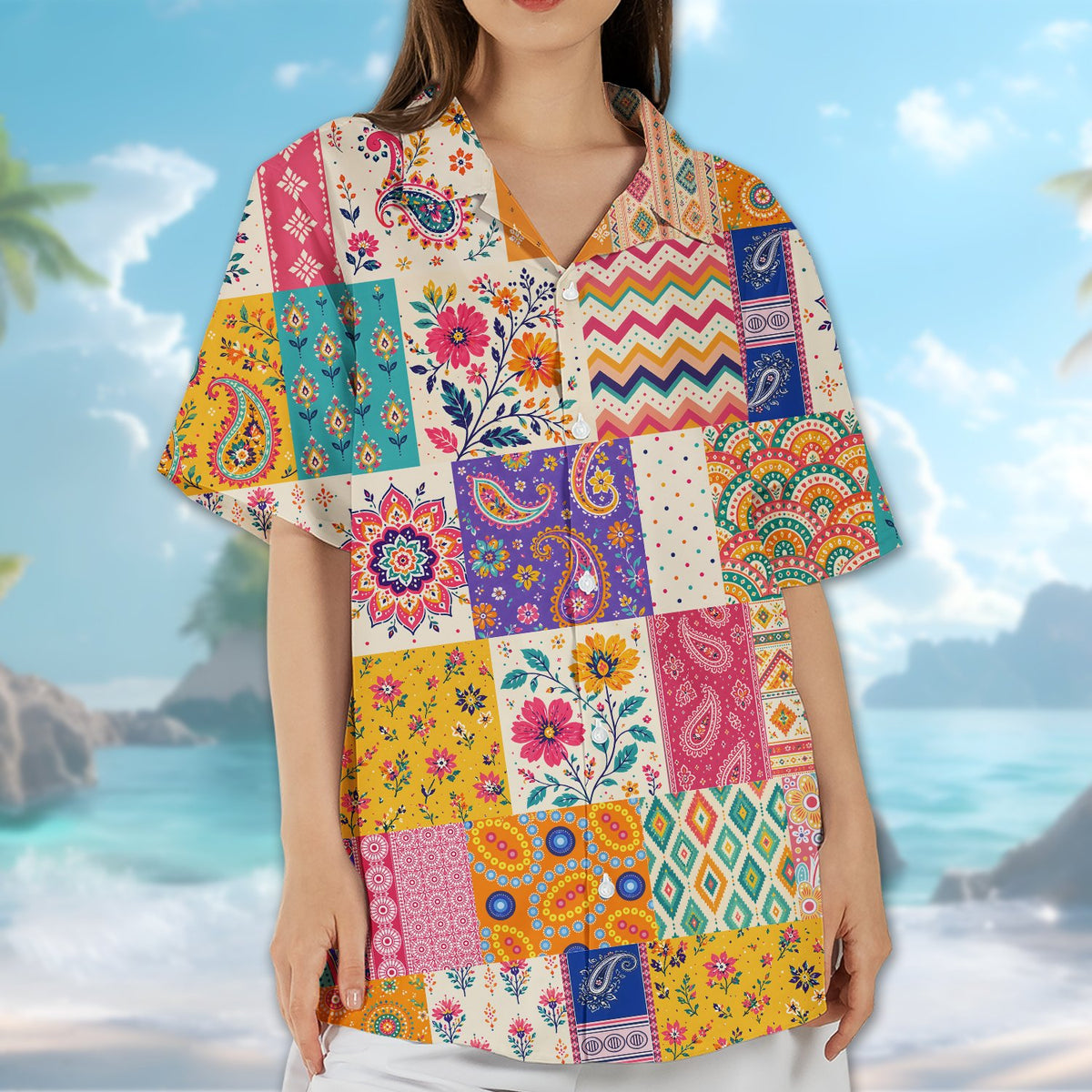 Matching family Hawaiian shirts in a boho floral patchwork design, main view