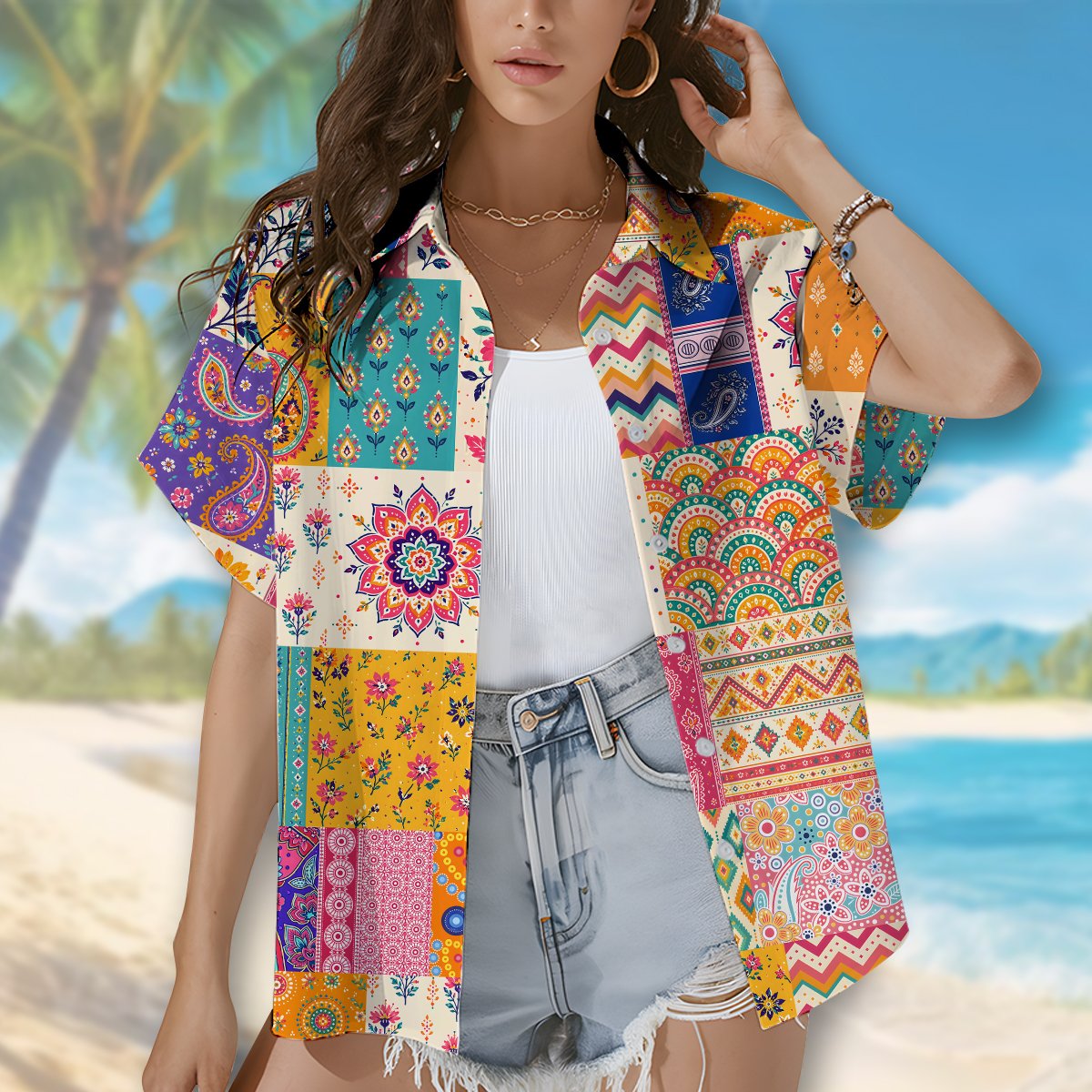 Lifestyle shot of a family wearing the matching boho floral patchwork hawaiian shirts