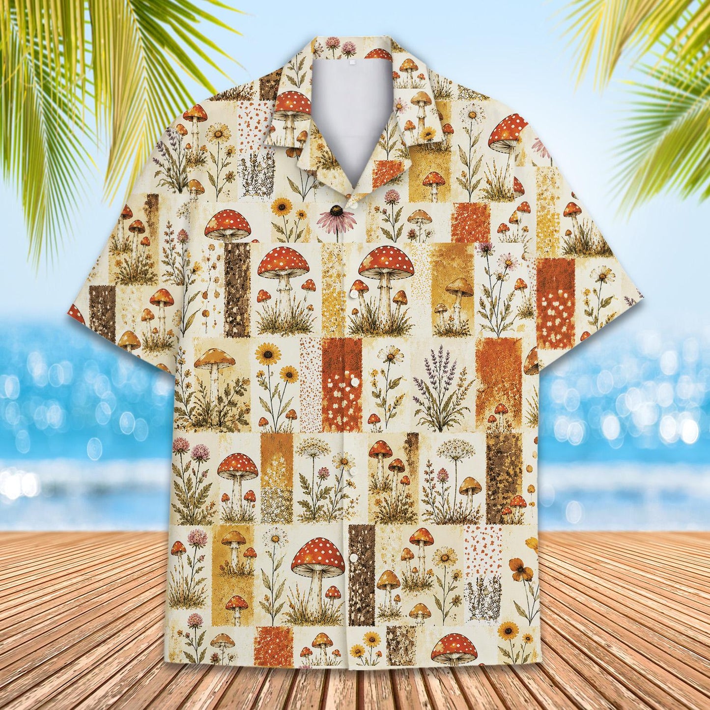 Front view of the boho mushroom floral hawaiian shirt variant 2