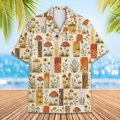 Front view of the boho mushroom floral hawaiian shirt variant 2