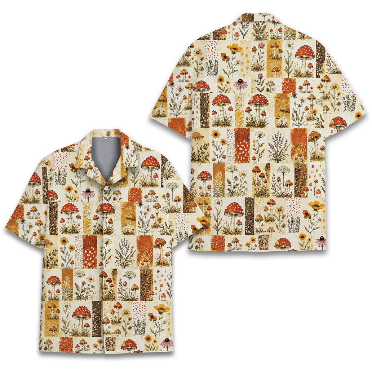Front view of the boho mushroom floral matching family hawaiian shirt