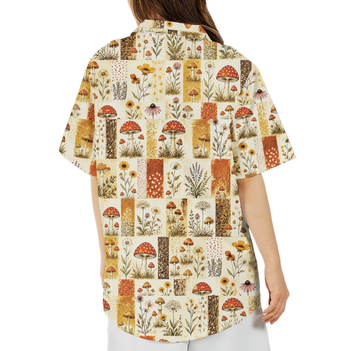 Lifestyle view 3 of the botanical mushroom hawaiian shirt