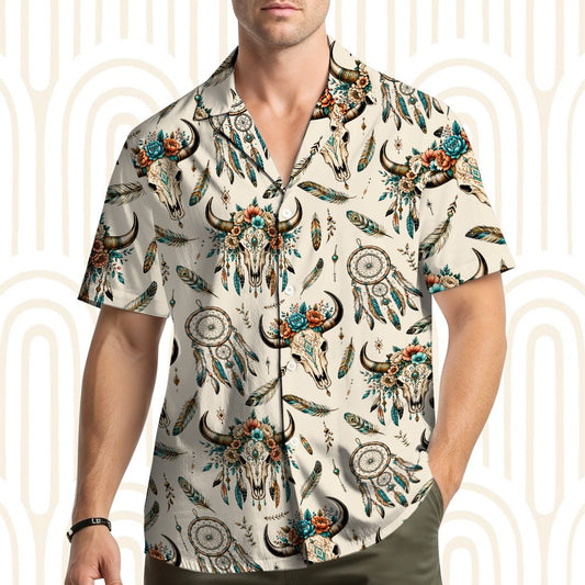Boho western hawaiian shirt with skulls and dreamcatchers on beige background, front view