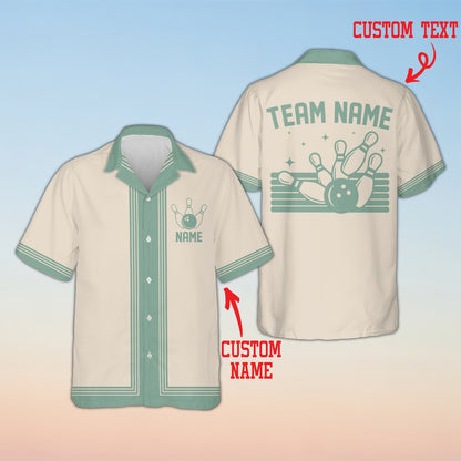 Front view of the beige retro bowling hawaiian shirt with custom text