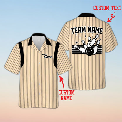 Beige matching family hawaiian shirt with bowling graphic, front view