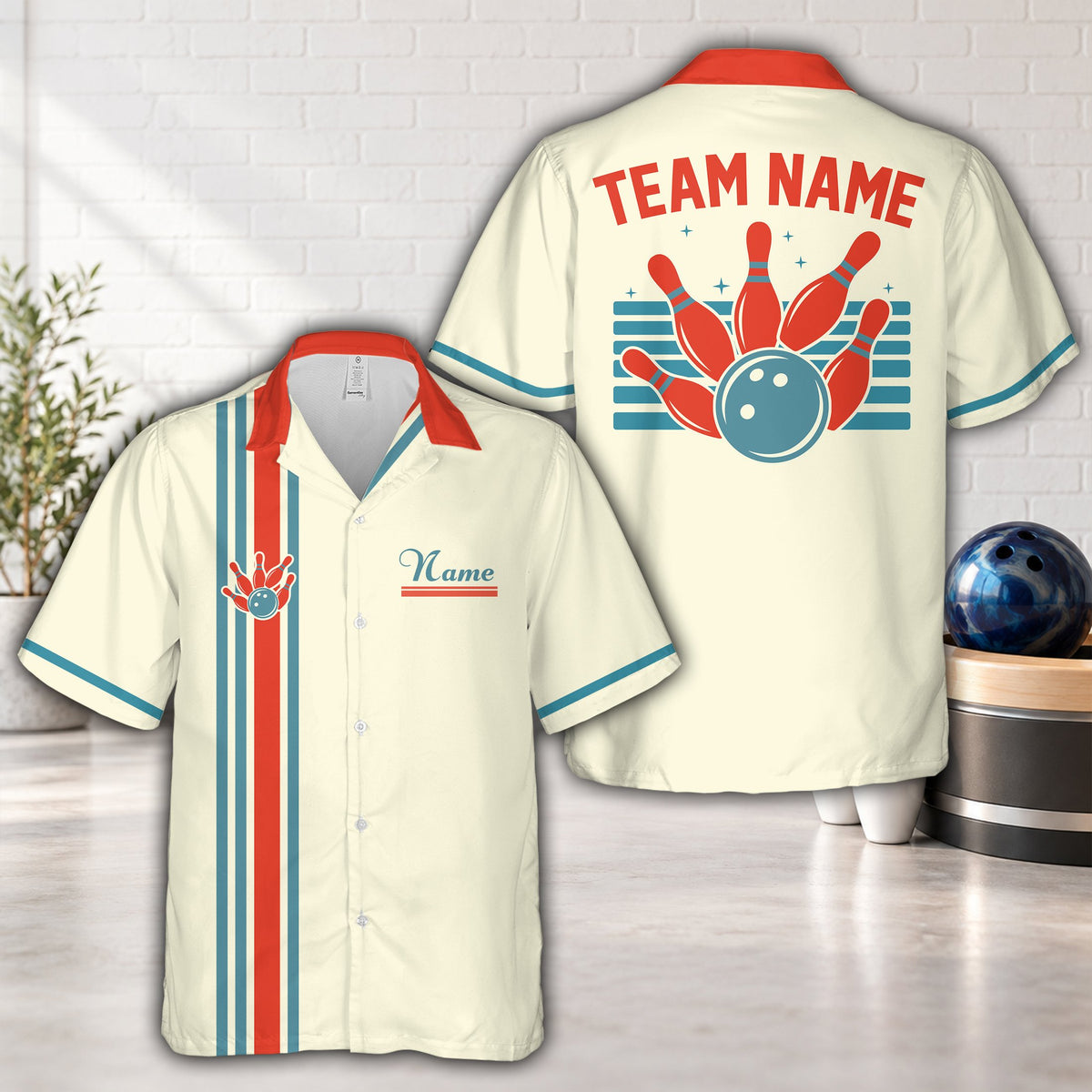 Beige retro hawaiian bowling shirt front view