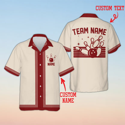 Close-up front view of the bowling hawaiian shirt showing the pin and ball graphic