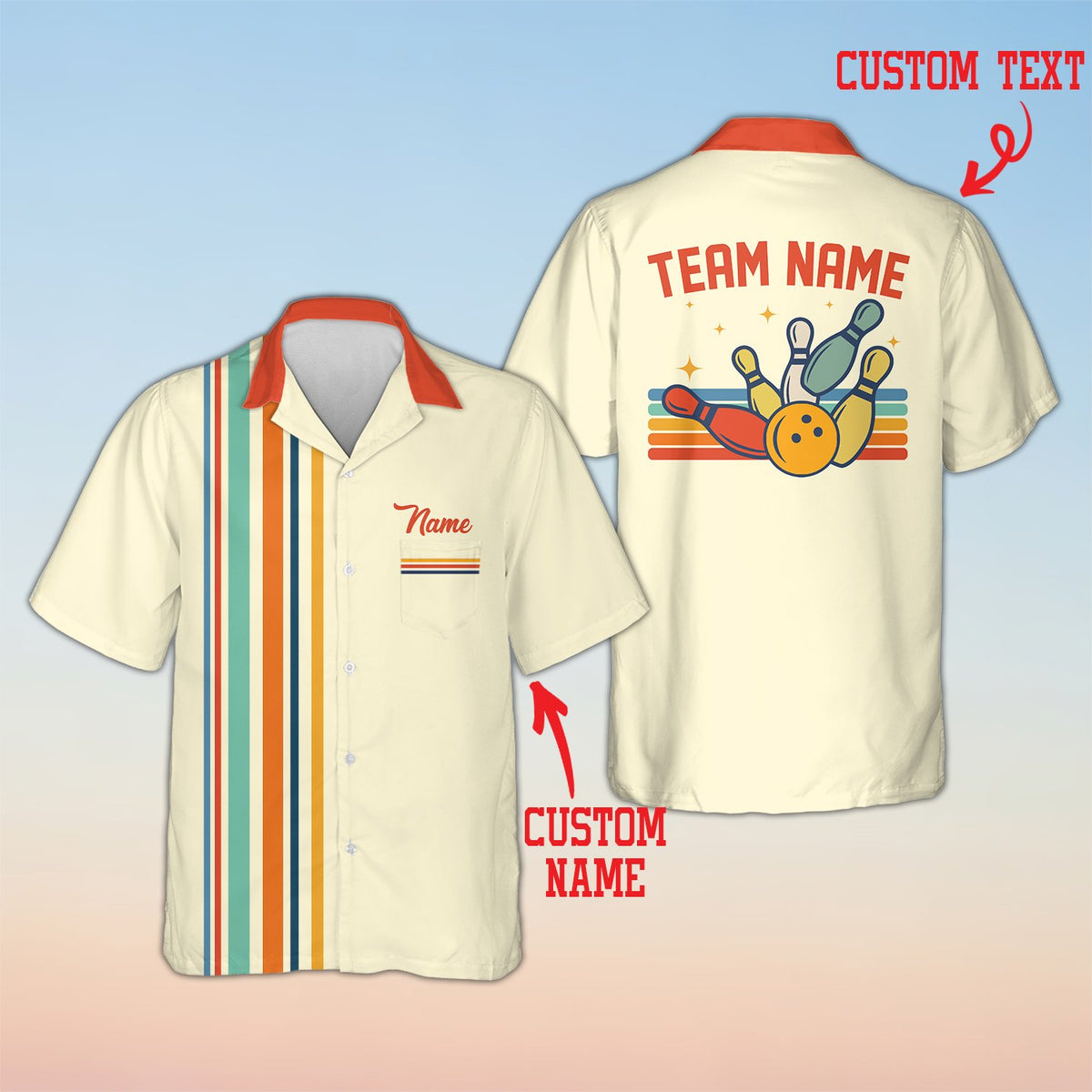 Beige matching family hawaiian shirt with custom name, front view