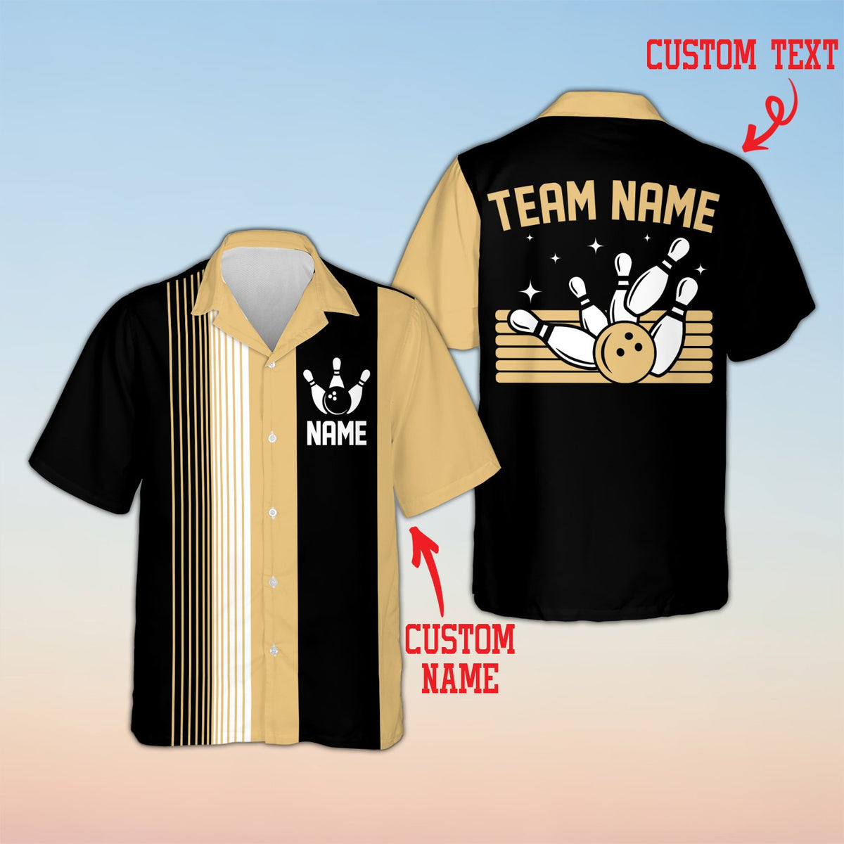 Beige button-down bowling shirt, front view