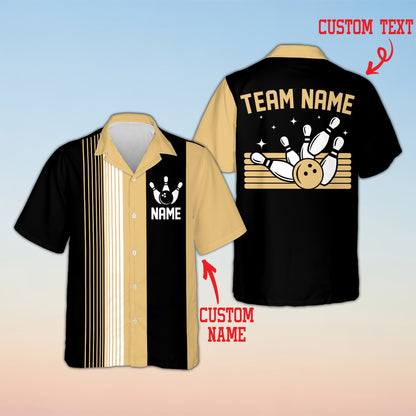 Beige button-down bowling shirt, front view