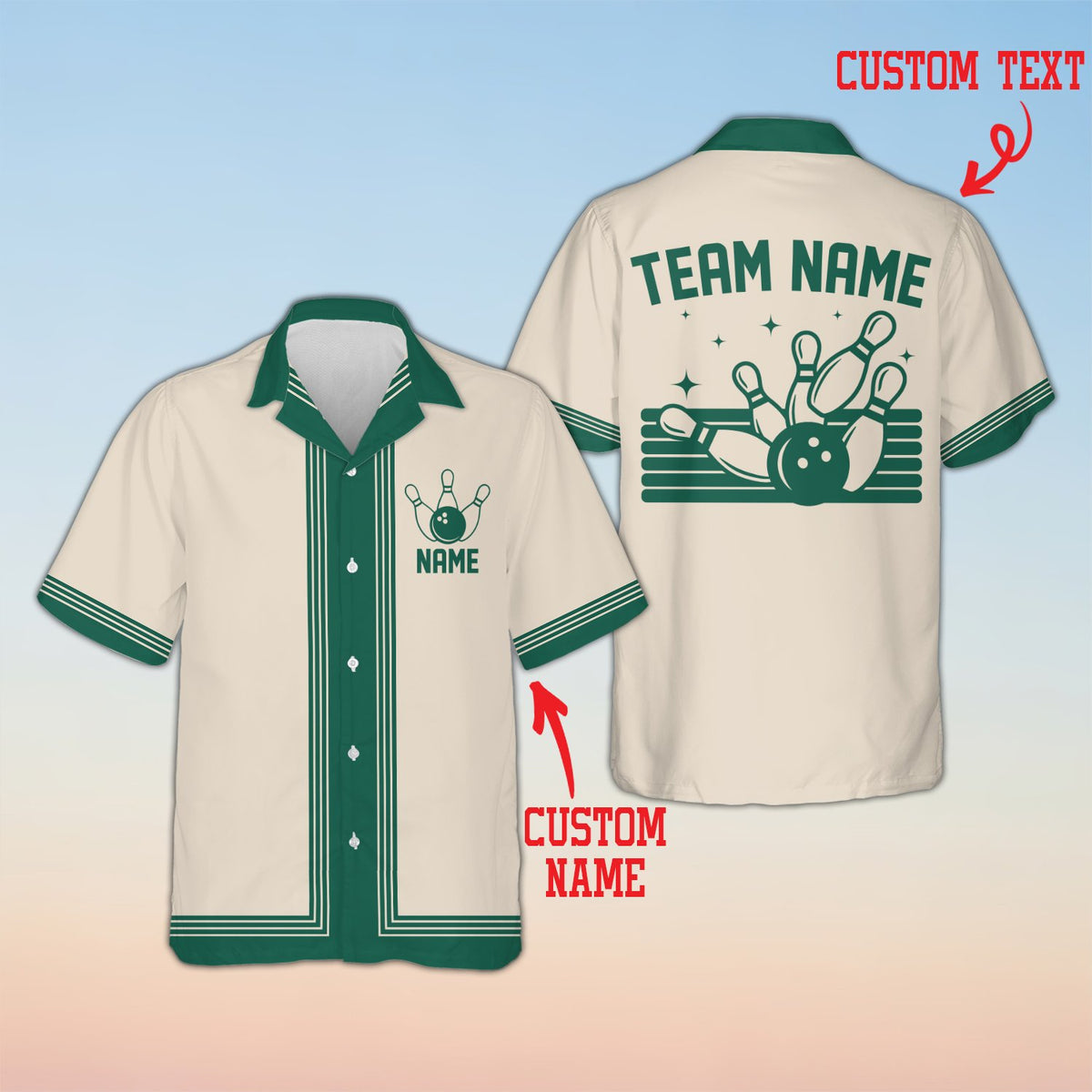 Front detail showing the custom name placement on the retro bowling shirt
