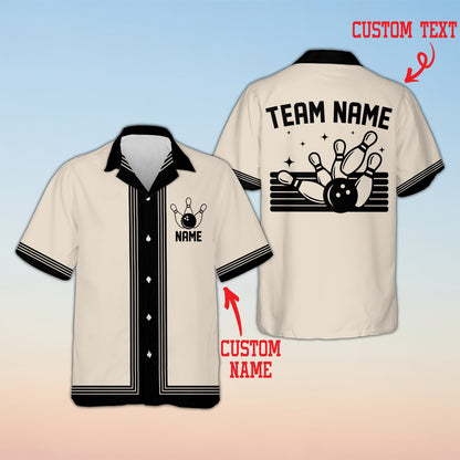 Full front view of the customized beige bowling hawaiian shirt