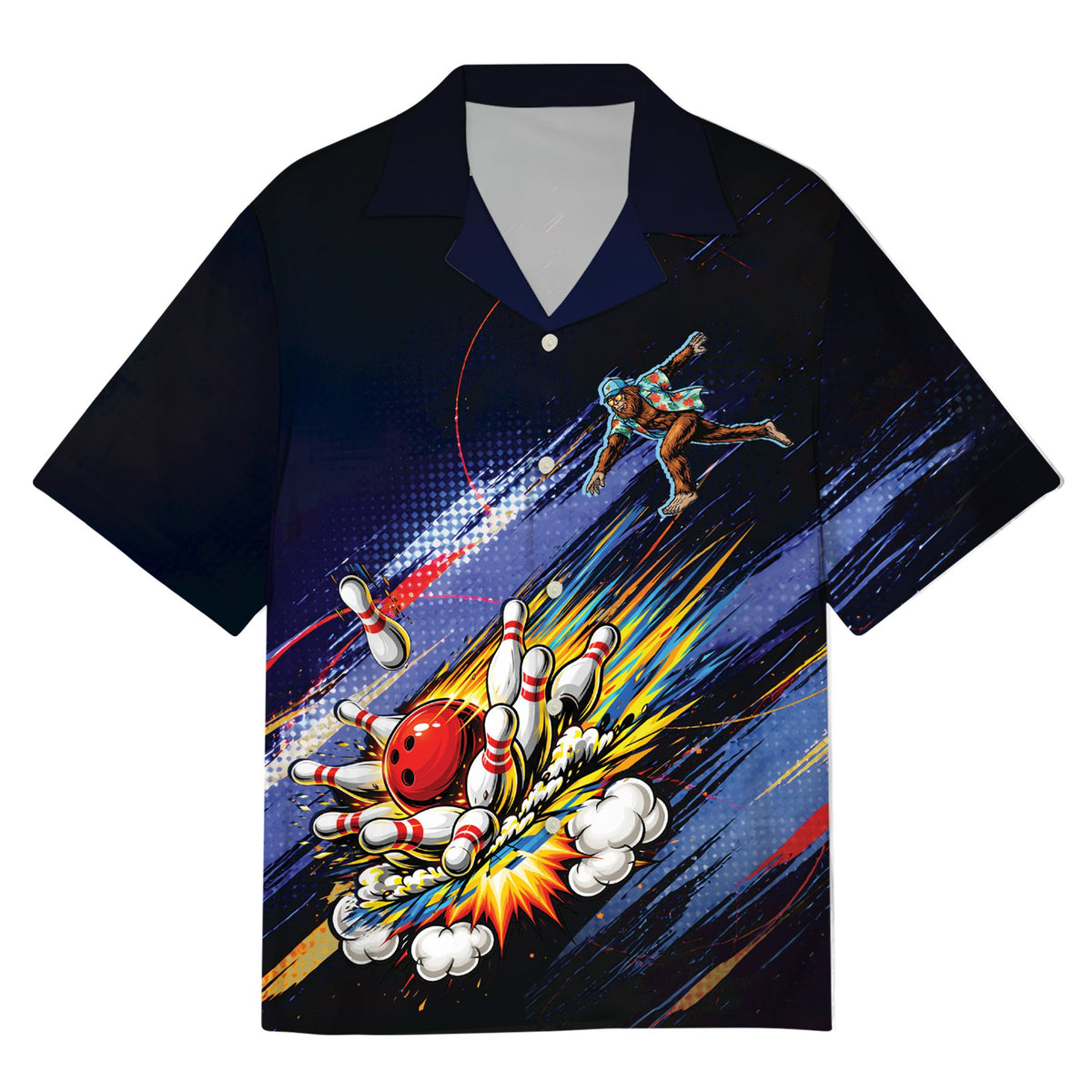 Front view of the bowling bigfoot hawaiian shirt in navy