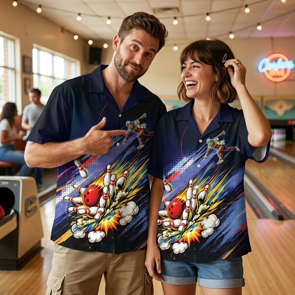 Another lifestyle shot of individuals wearing the matching family hawaiian shirts