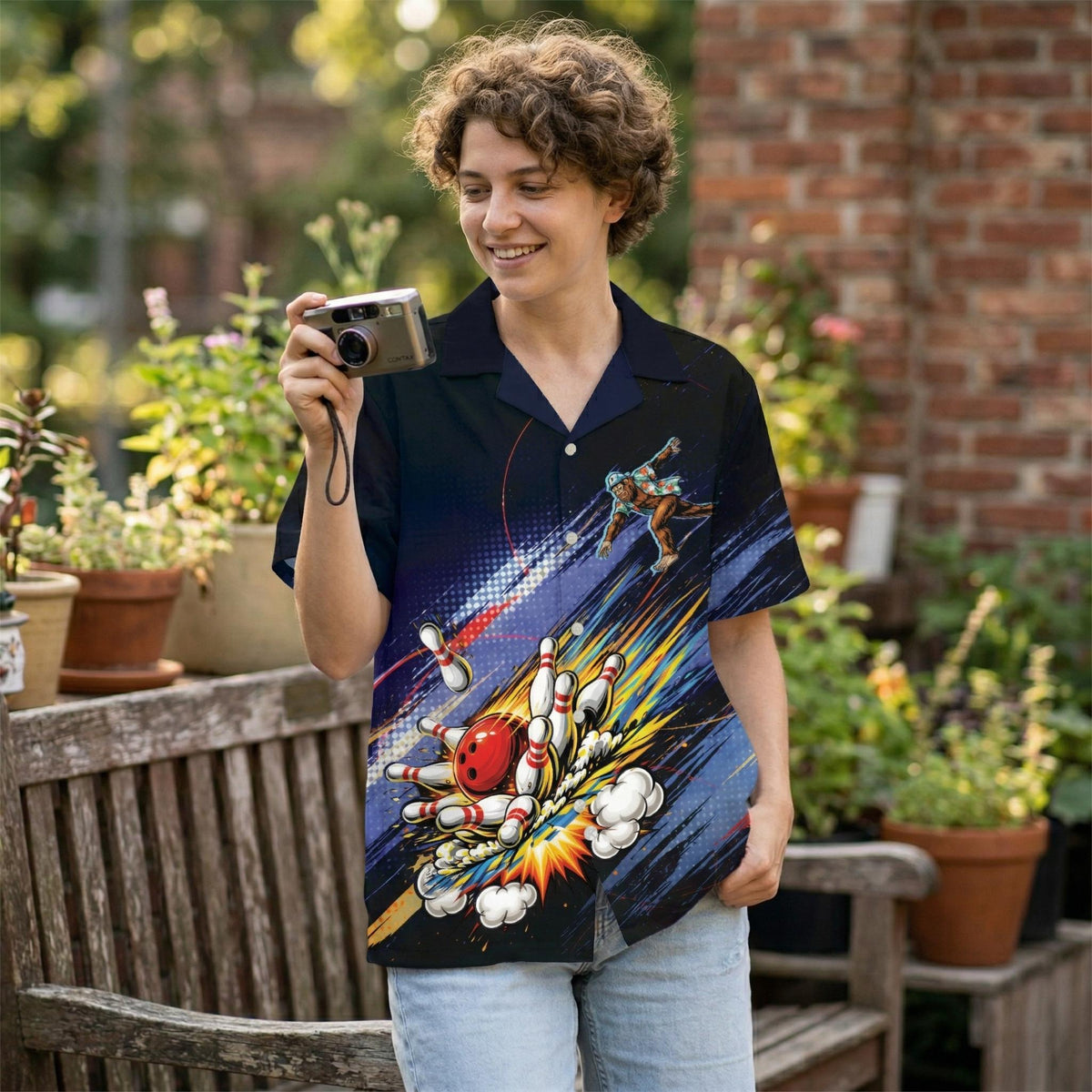 Lifestyle image showing a family wearing matching bowling bigfoot hawaiian shirts
