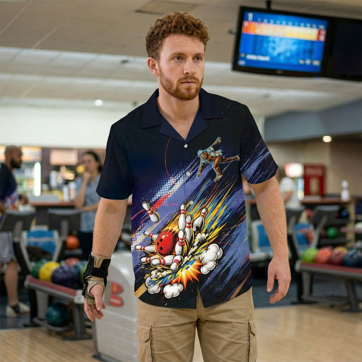 Close-up lifestyle view of the bowling bigfoot graphic on the hawaiian shirt