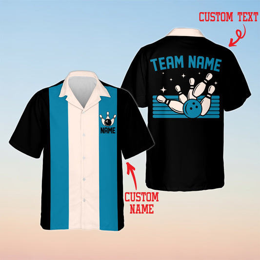 Retro bowling hawaiian shirt in black with vertical stripes and bowling pin graphic