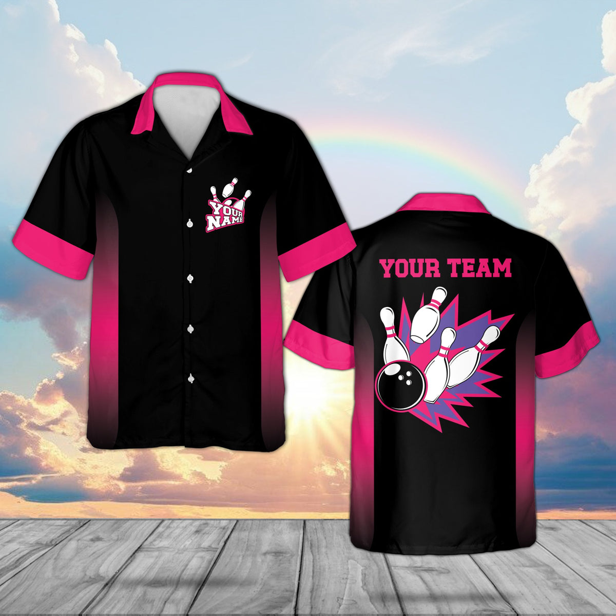 Main view of the personalized black bowling hawaiian shirt with custom name on the chest