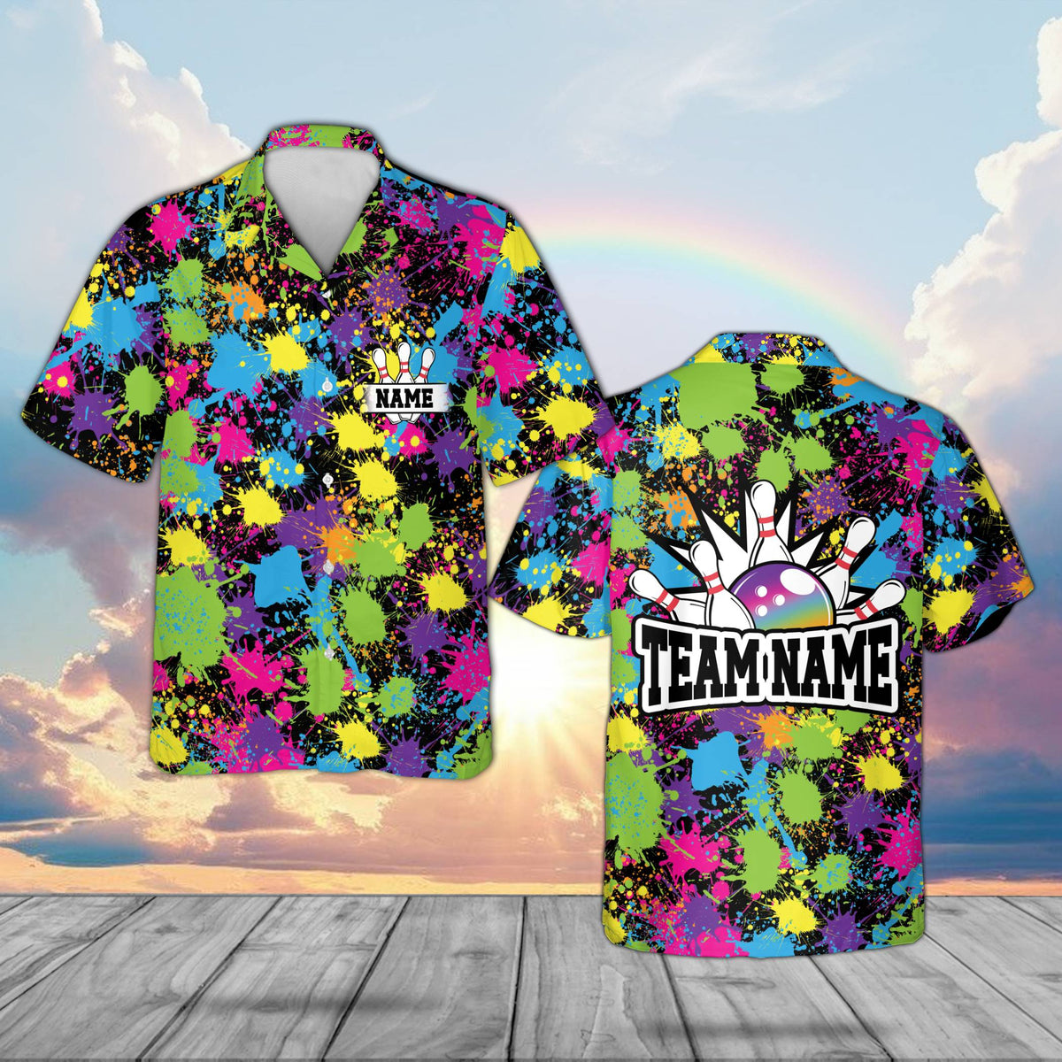 Front view of black matching family hawaiian shirts with bowling design