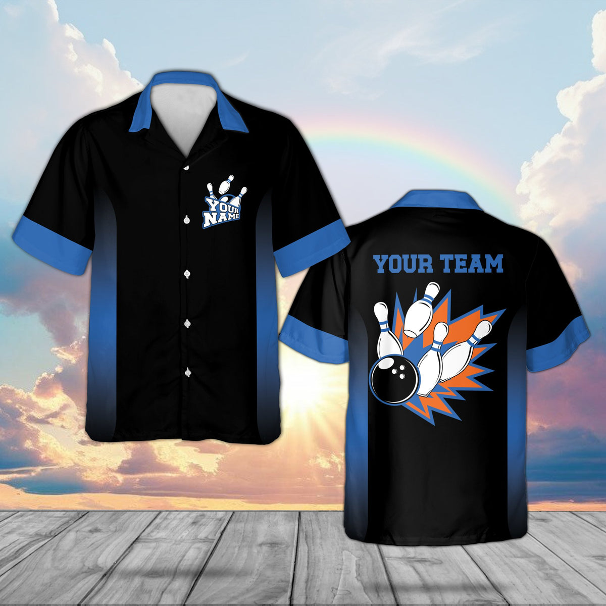 Front view of the black and pink matching family hawaiian shirt with bowling graphic