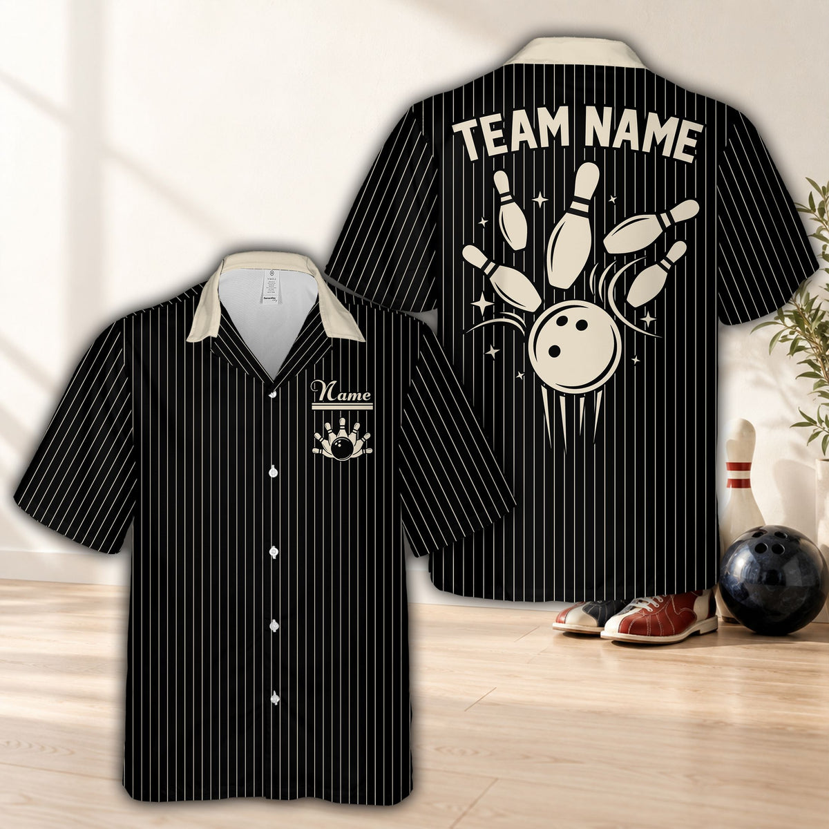 Black retro hawaiian bowling shirt with custom name and number, front view