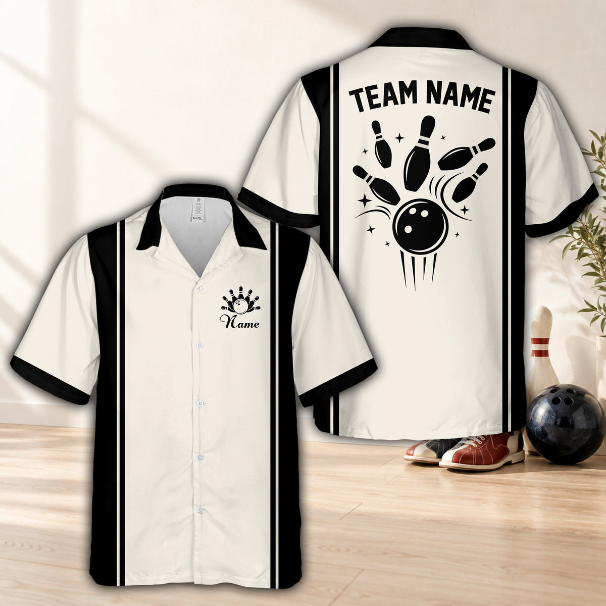 Black retro matching family hawaiian shirt with custom name, front view
