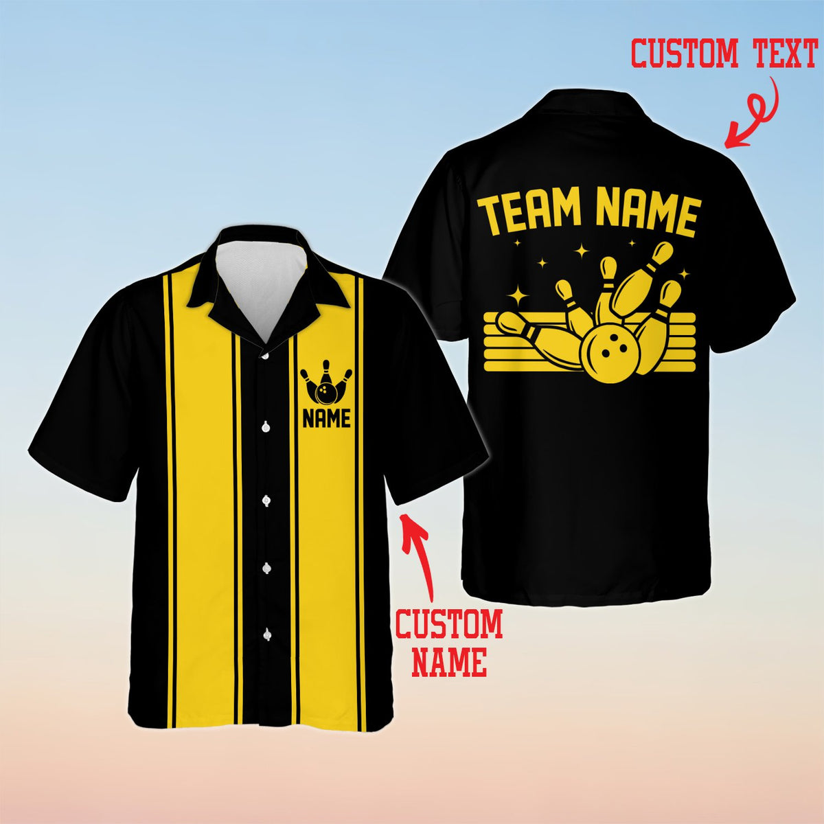 Black matching family bowling hawaiian shirt, alternate front view 1