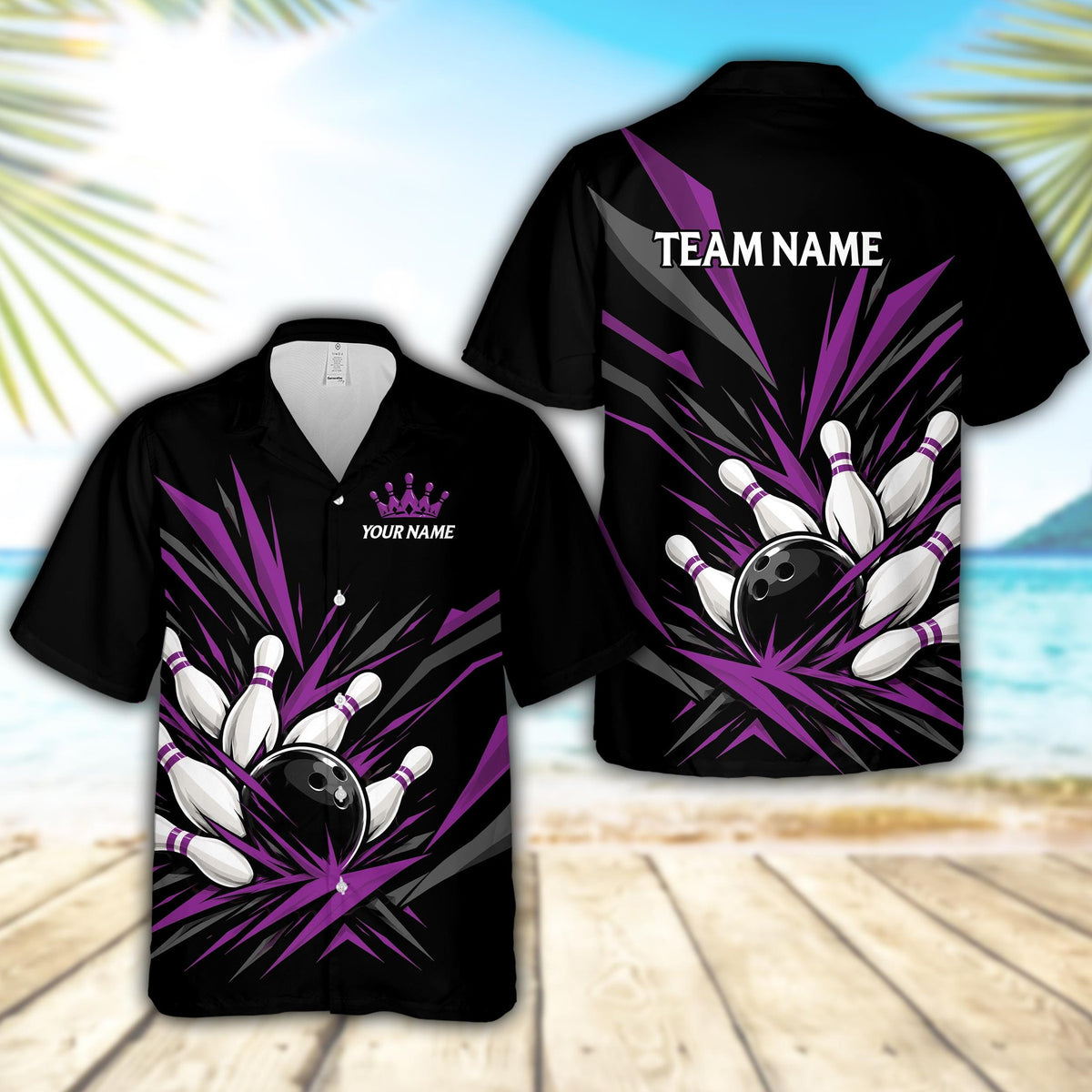 Front view of the black bowling hawaiian shirt featuring a custom name under a crown graphic