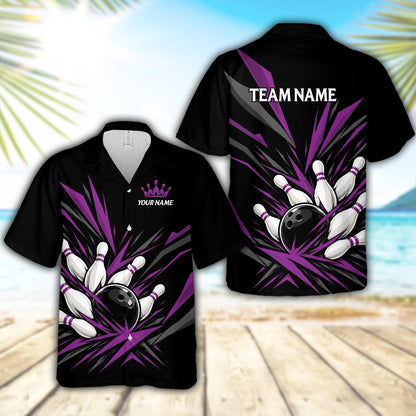 Main view of the personalized black bowling hawaiian shirt with abstract bowling pin strike design
